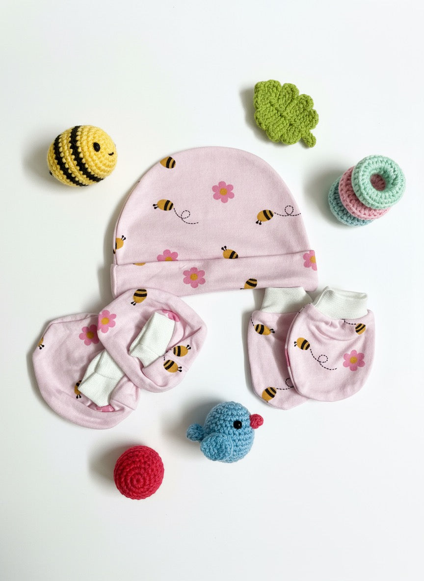 Booties, Mittens & Cap Set – Adorable Bee Theme | Soft Cotton Baby Set