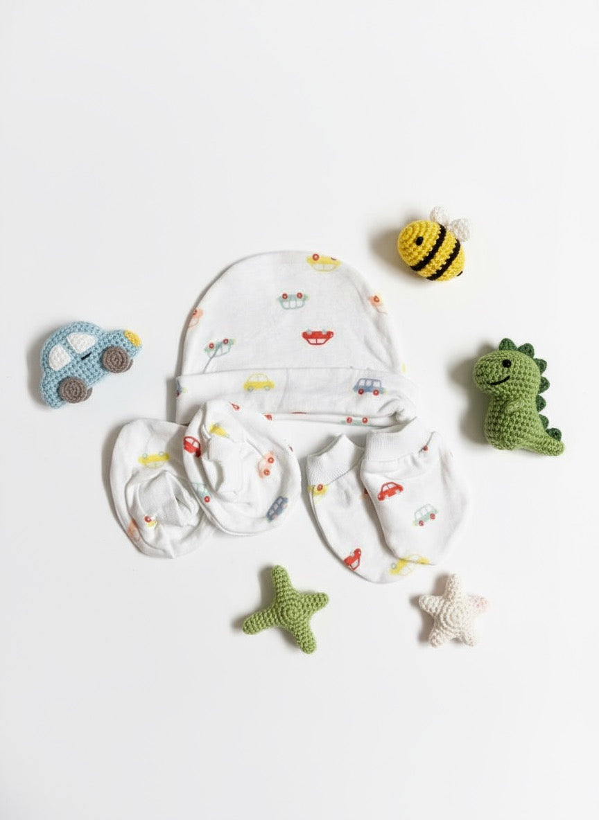 Booties, Mittens & Cap Set – Car Theme | Soft Cotton Baby Essentials