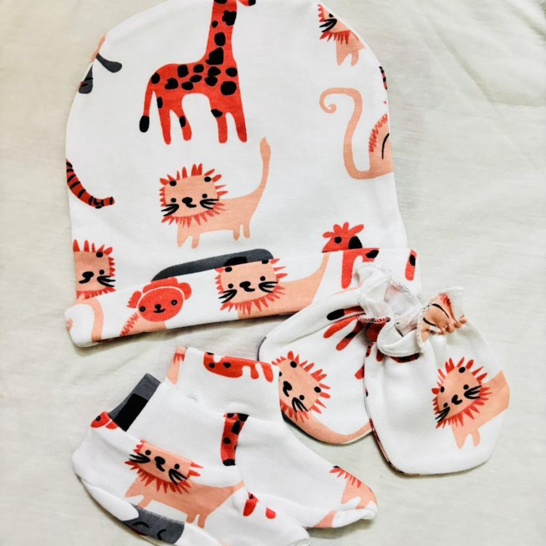 Baby Booties, Mittens & Cap Set – Soft Cotton Newborn Essentials - Animal