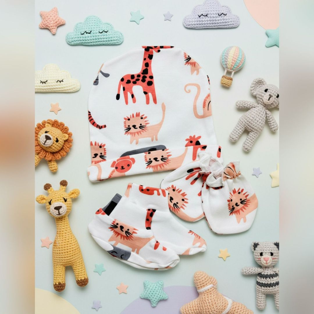 Baby Booties, Mittens & Cap Set – Soft Cotton Newborn Essentials - Animal