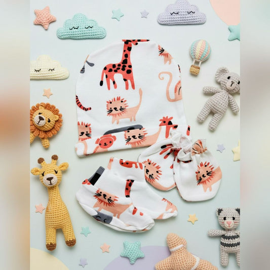 Baby Booties, Mittens & Cap Set – Soft Cotton Newborn Essentials - Animal