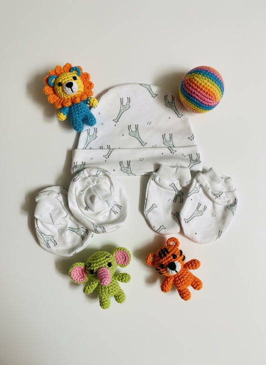 Booties, Mittens & Cap Set – Cute Animal Theme | Soft Cotton Baby Essentials