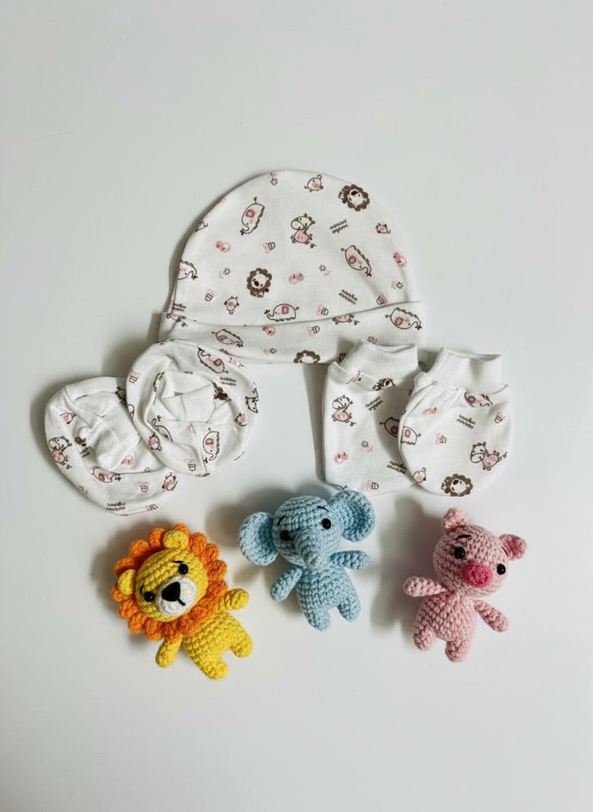 Booties, Mittens & Cap Set – Adorable Animal Theme | Soft Cotton Baby Set