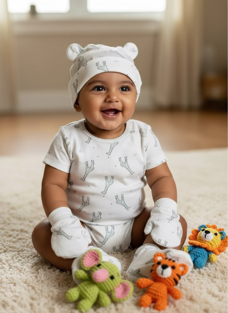 Booties, Mittens & Cap Set – Cute Animal Theme | Soft Cotton Baby Essentials