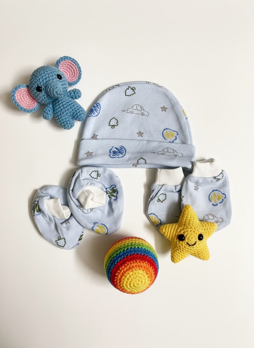 Booties, Mittens & Cap Set – Cute Car Theme | Soft Cotton Baby Essentials