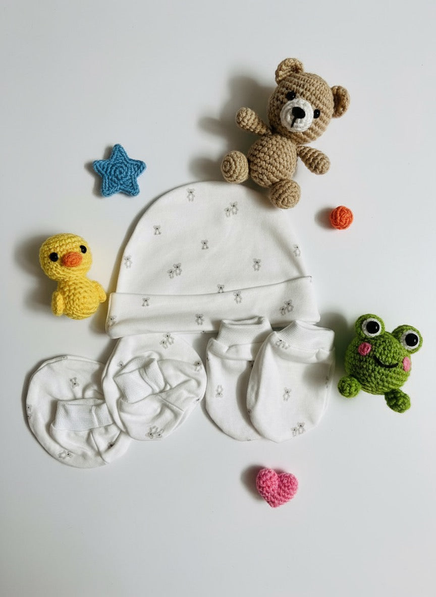 Booties, Mittens & Cap Set – Cute Teddy Theme | Soft Cotton Baby Set