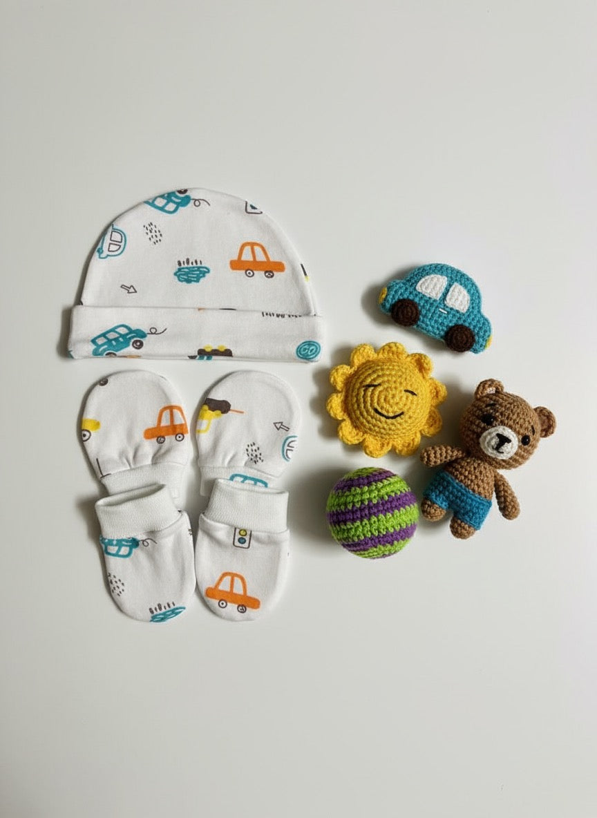Booties, Mittens & Cap Set – Fun Car Theme | Soft Cotton Baby Set