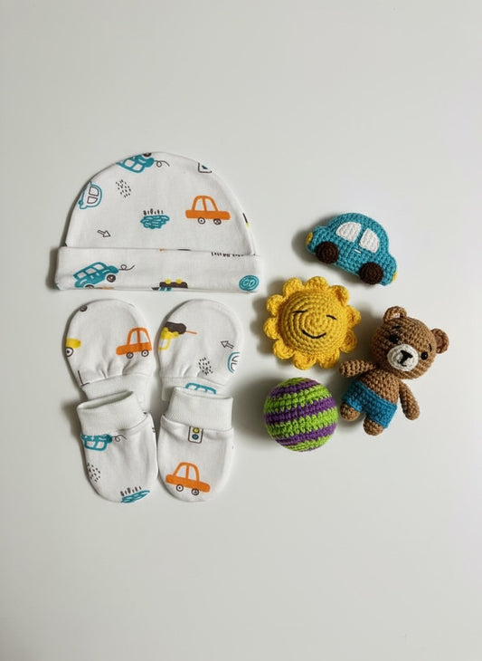 Booties, Mittens & Cap Set – Fun Car Theme | Soft Cotton Baby Set