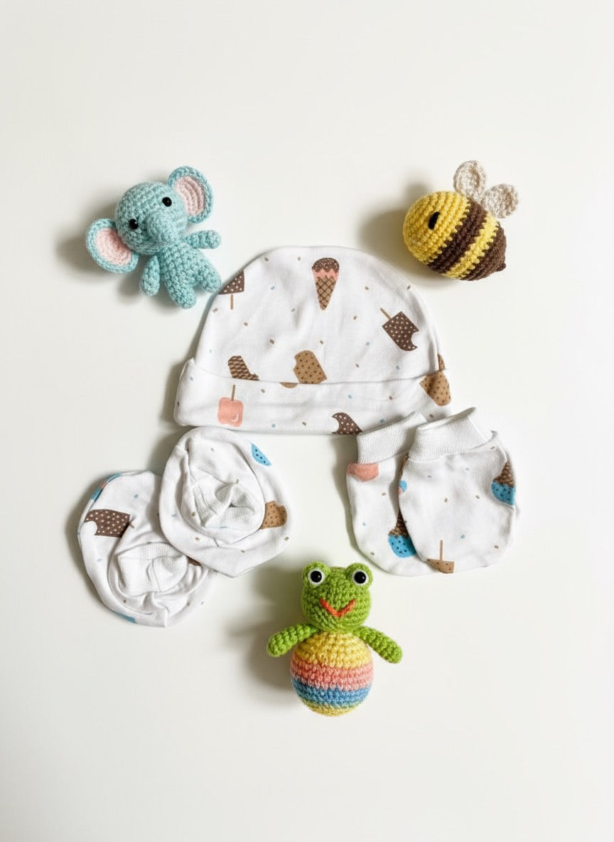 Booties, Mittens & Cap Set – Sweet Ice Cream Theme | Soft Cotton Baby Set