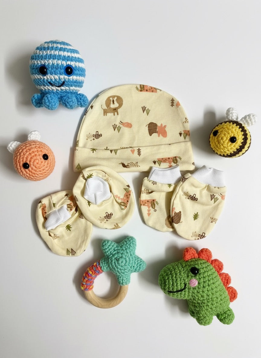 Booties, Mittens & Cap Set – Jungle Theme | Soft Cotton Baby Essentials