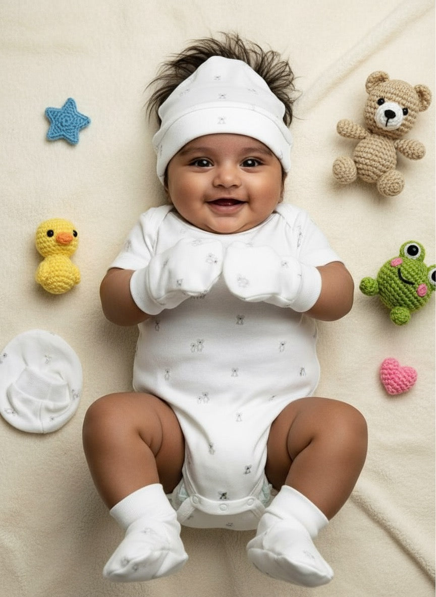 Booties, Mittens & Cap Set – Cute Teddy Theme | Soft Cotton Baby Set