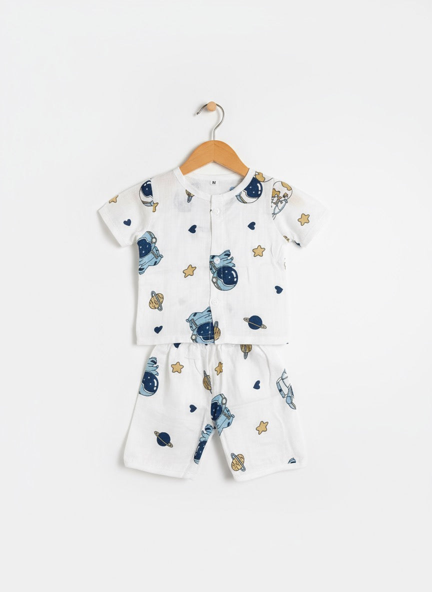 Baby Half Sleeve Co-ord Set – Pure Muslin – Space Design